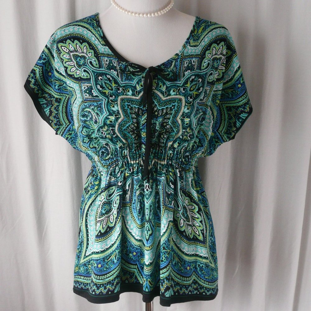 Claudia Richard Knit Top Blouse Blue Green Black Abstract Floral Print Sz M